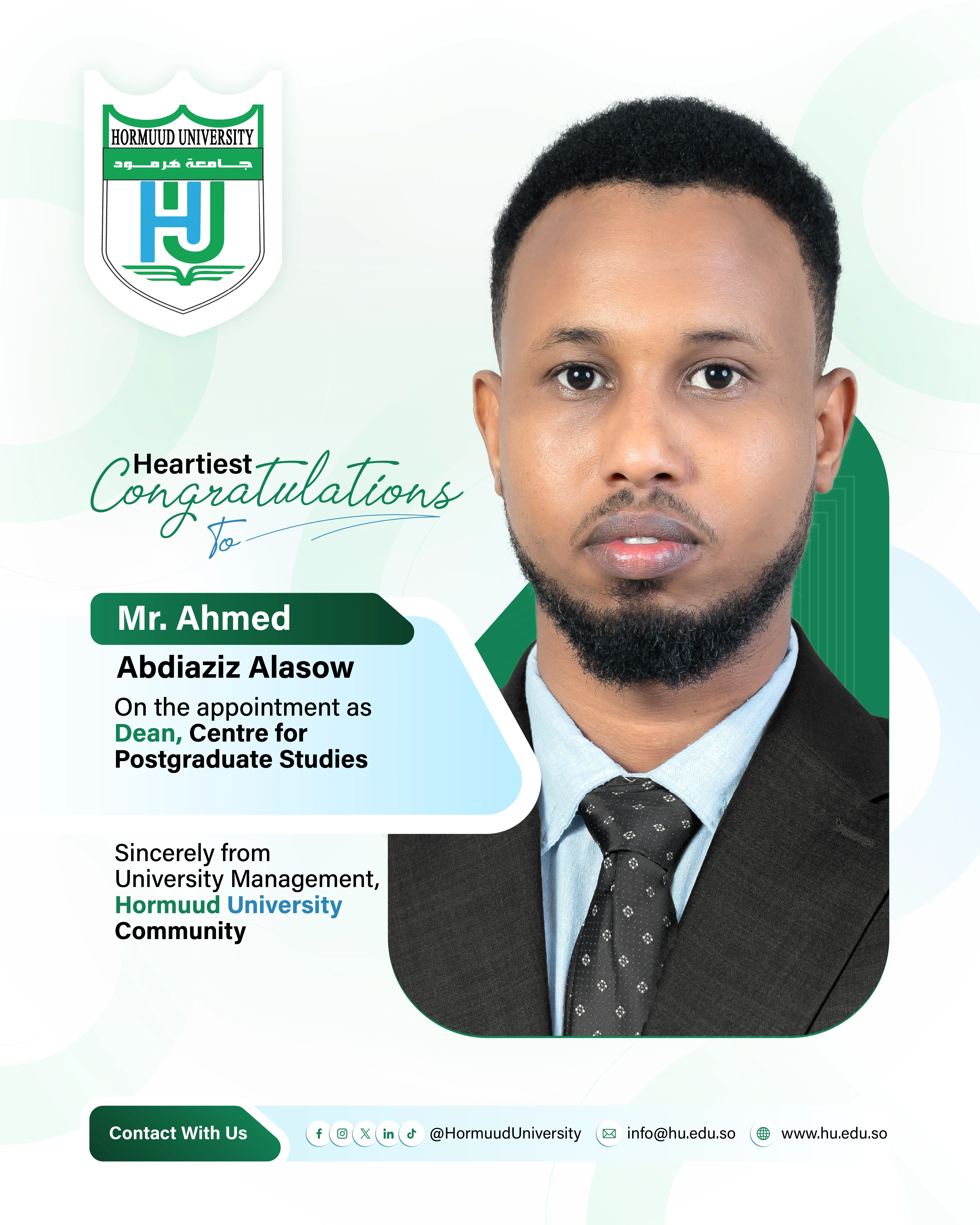 Appointment of Mr. Ahmed Abdiaziz Alasow as the Dean, Centre for Postgraduate Studies