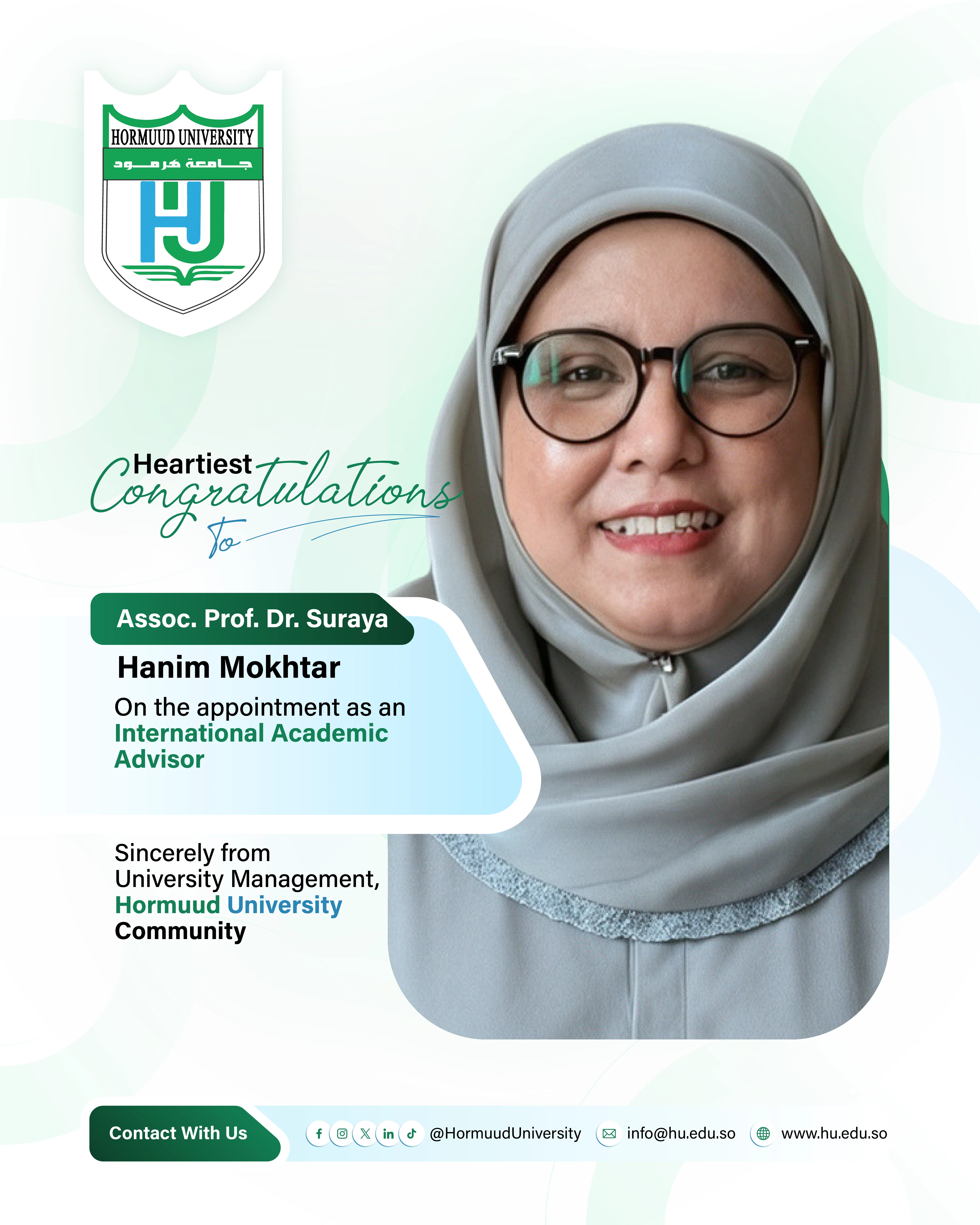 Appointment of Assoc. Prof. Dr. Suraya Hanim Mokhtar as an International Academic Advisor.