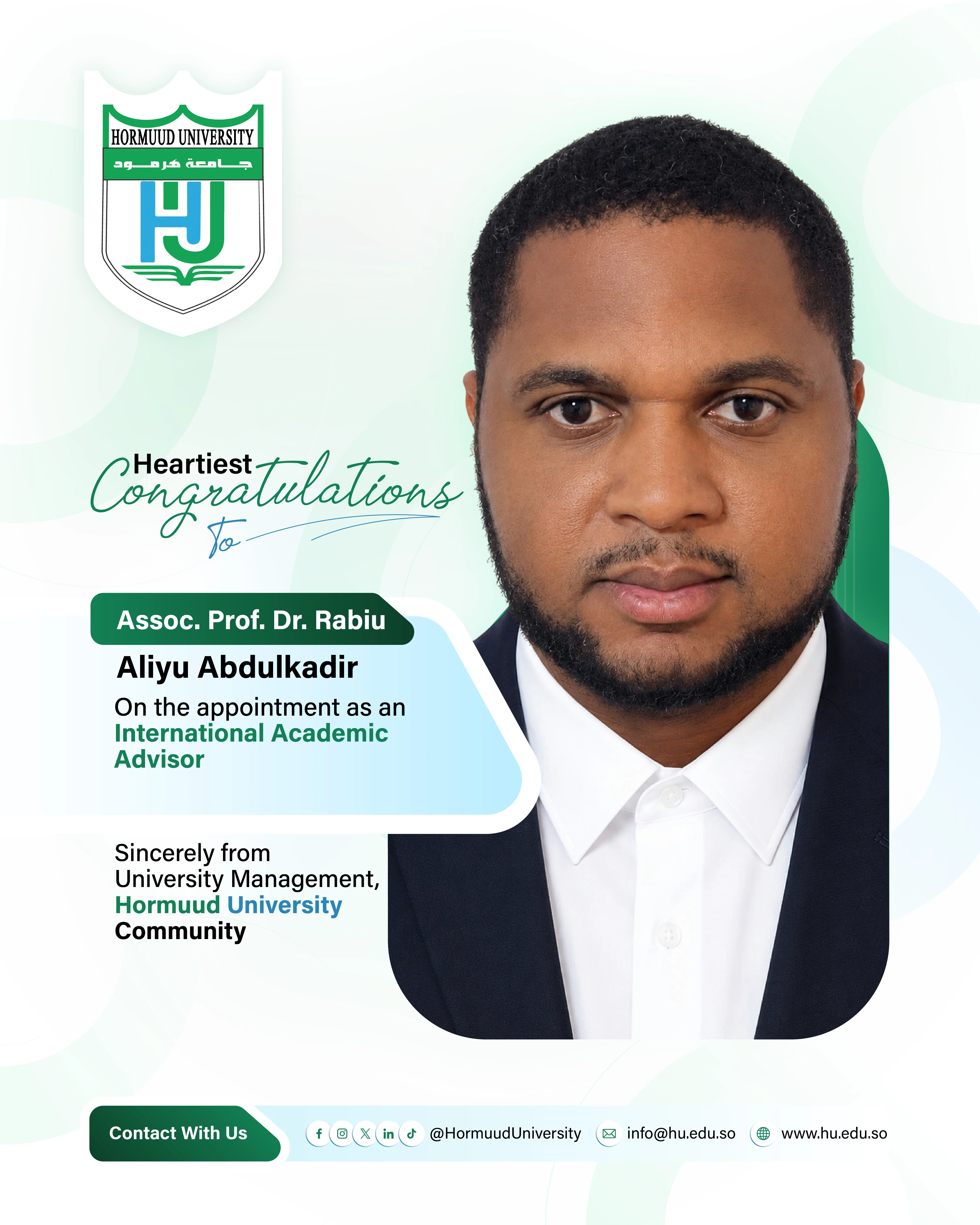 Appointment of Assoc. Prof. Dr. Rabiu Aliyu Abdulkadir as an International Academic Advisor
