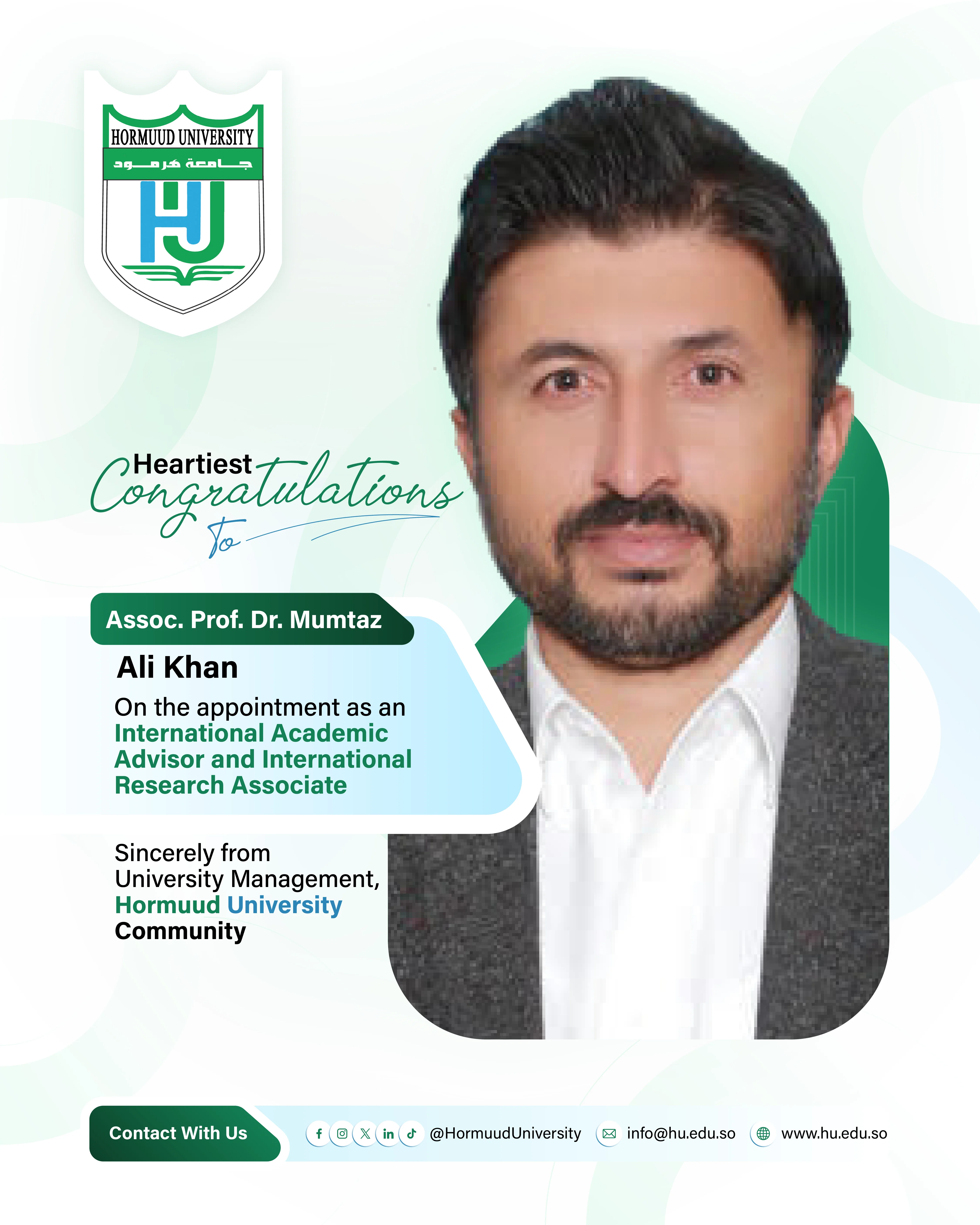 Appointment of Assoc. Prof. Dr. Mumtaz Ali Khan as an International Academic Advisor and International Research Associate